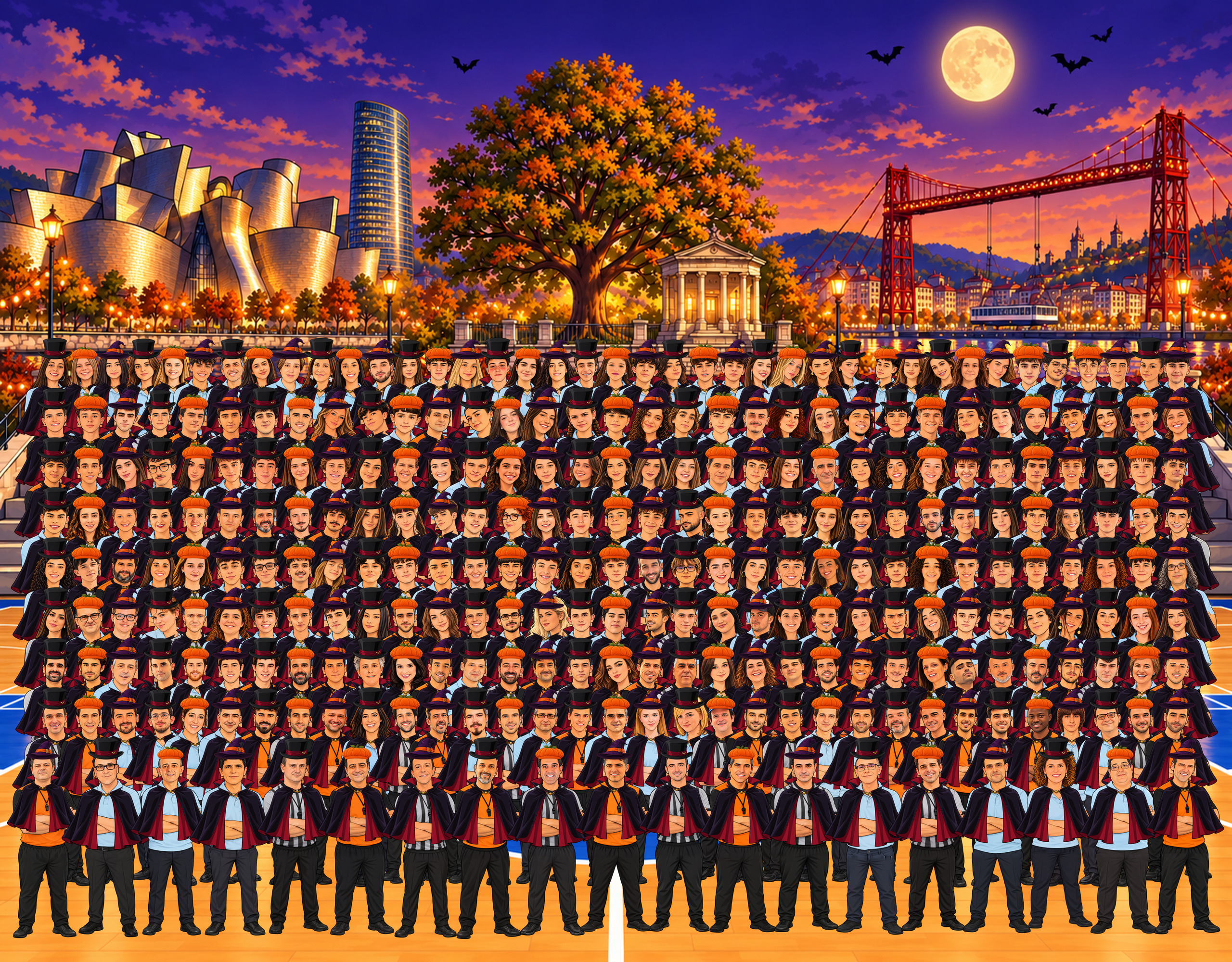 Ilustración de Halloween de las 289 personas del colectivo arbitral de Bizkaia, ordenadas por licencia de menor a mayor de izquierda a derecha y de abajo arriba.
