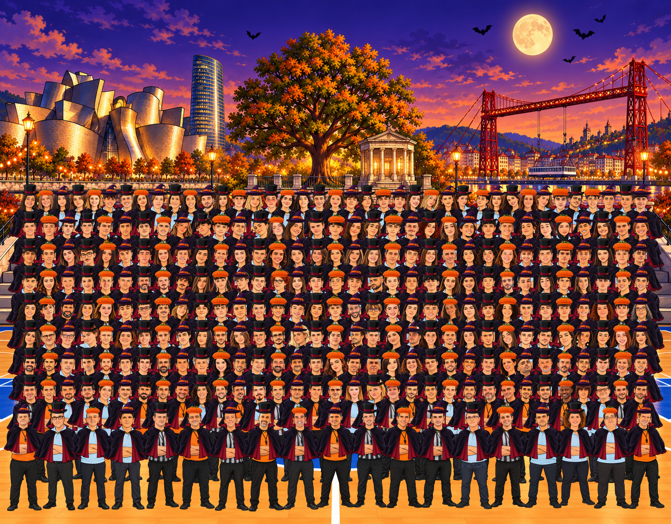Ilustración de Halloween de las 289 personas del colectivo arbitral de Bizkaia, ordenadas por licencia de menor a mayor de izquierda a derecha y de abajo arriba.